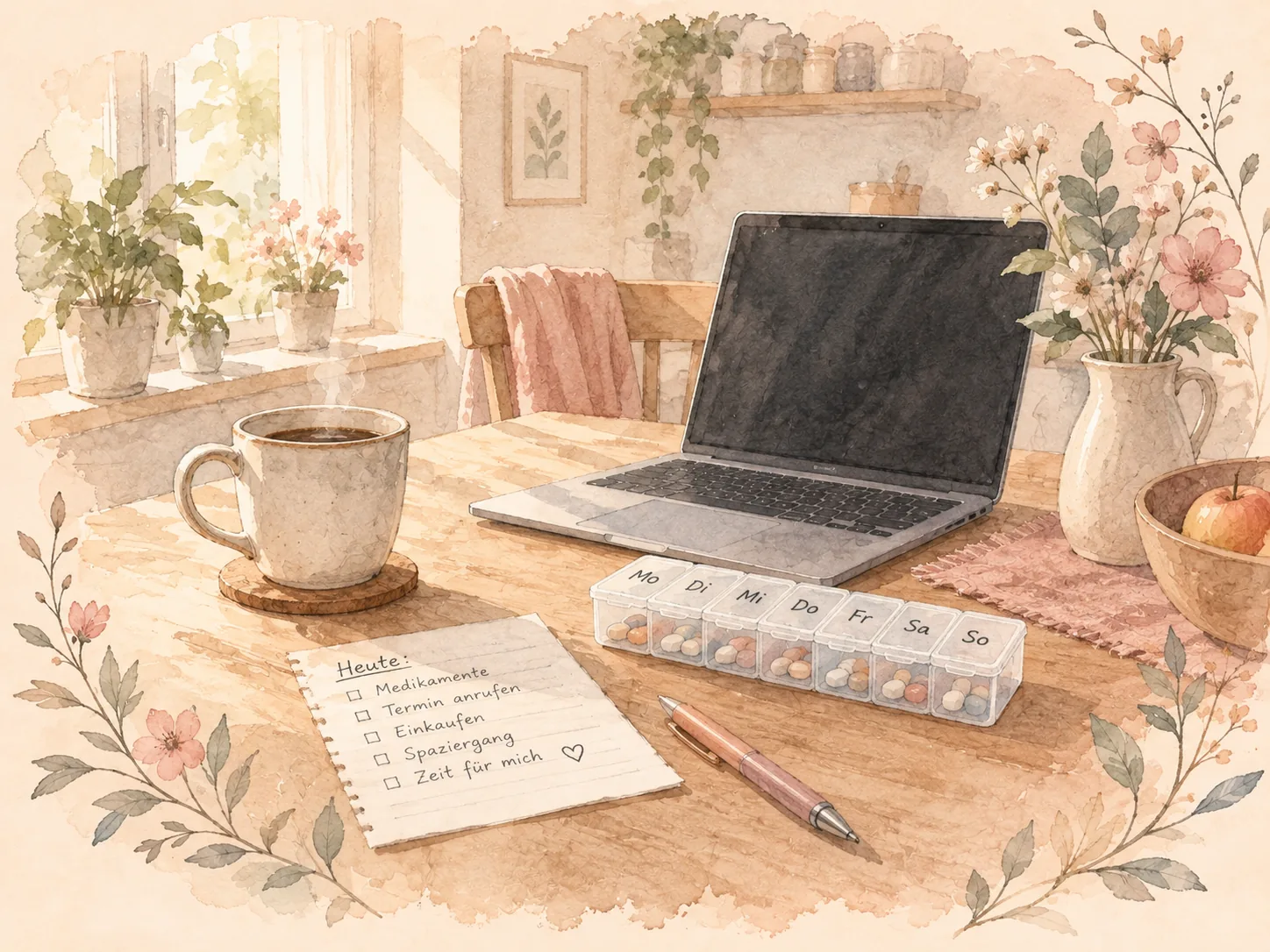Küchentisch am frühen Morgen: eine Tasse Kaffee, ein Laptop, ein Wochendosierer für Medikamente und ein handgeschriebener Notizzettel nebeneinander.