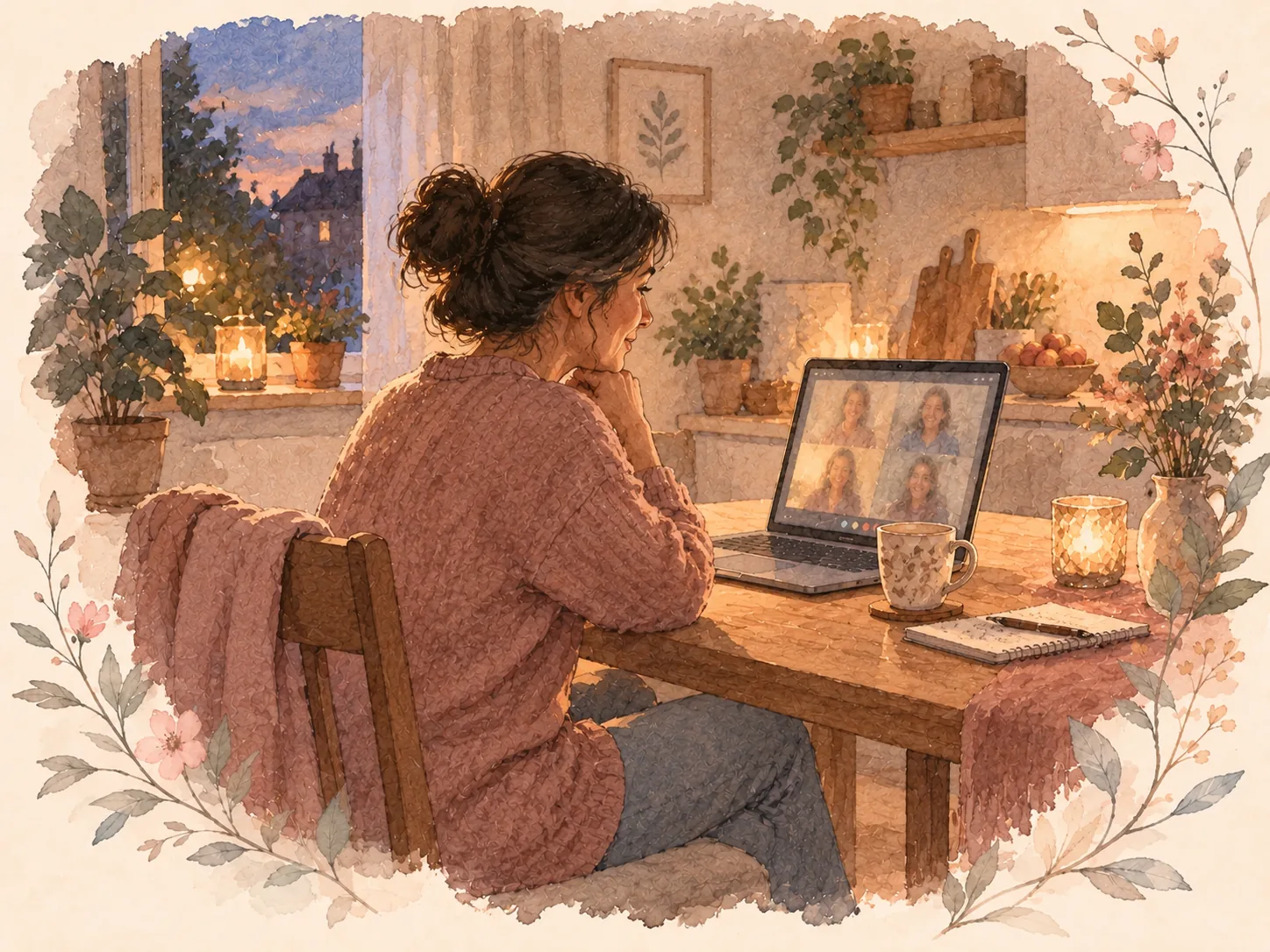 Eine Person sitzt abends am Küchentisch vor dem Laptop in einem Videogespräch.