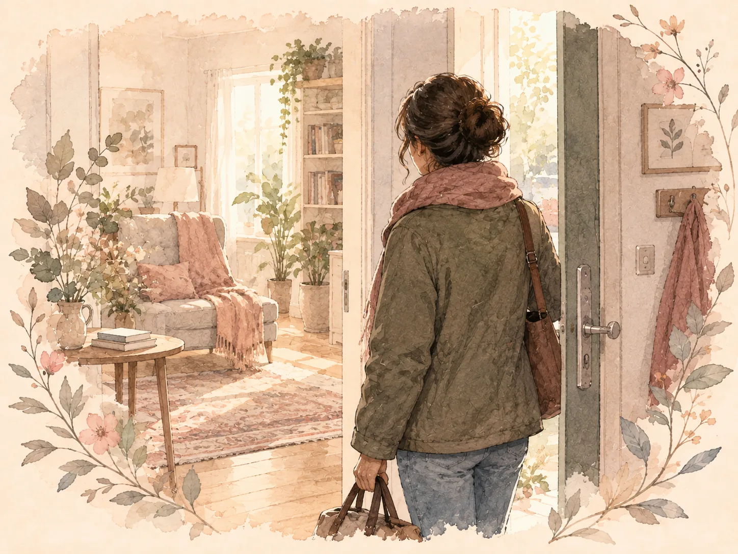 Eine berufstätige Person steht mit Jacke und Tasche in der Wohnungstür und blickt zurück in das Wohnzimmer, in dem ein Sessel mit einer Decke steht.