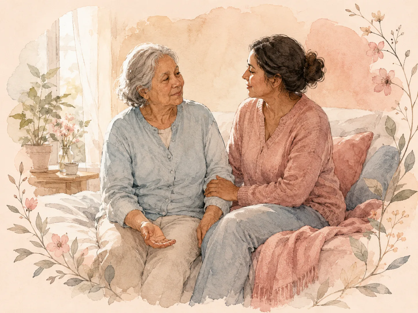 Ein ruhiger Pflegemoment — Pflegekraft und pflegebedürftige Person