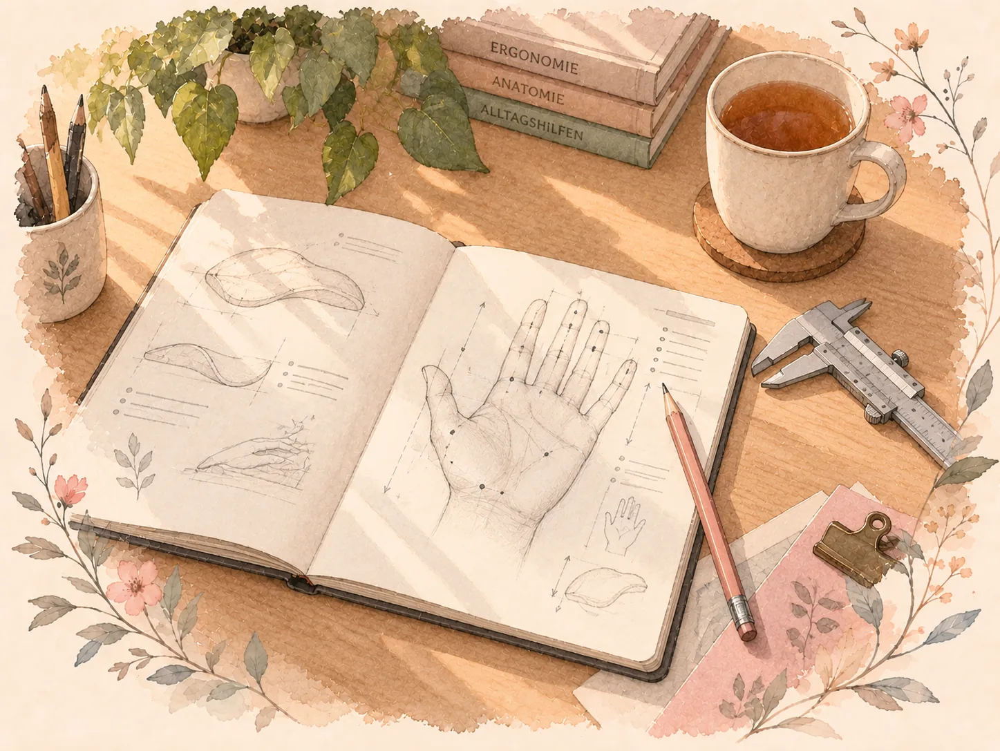 Ein aufgeschlagenes Notizbuch mit einer Bleistiftskizze einer Handfläche und eingezeichneten Messpunkten, daneben ein Messschieber und eine Tasse Tee.