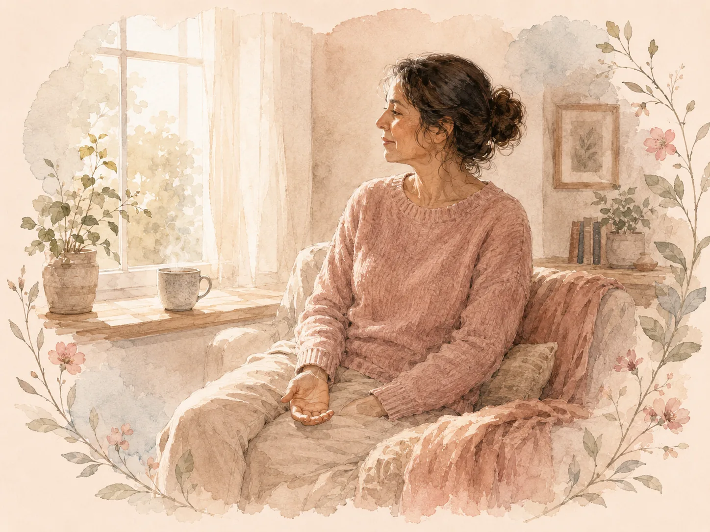 Pflegekraft in ruhiger Pause am Fenster, die Form in der Hand