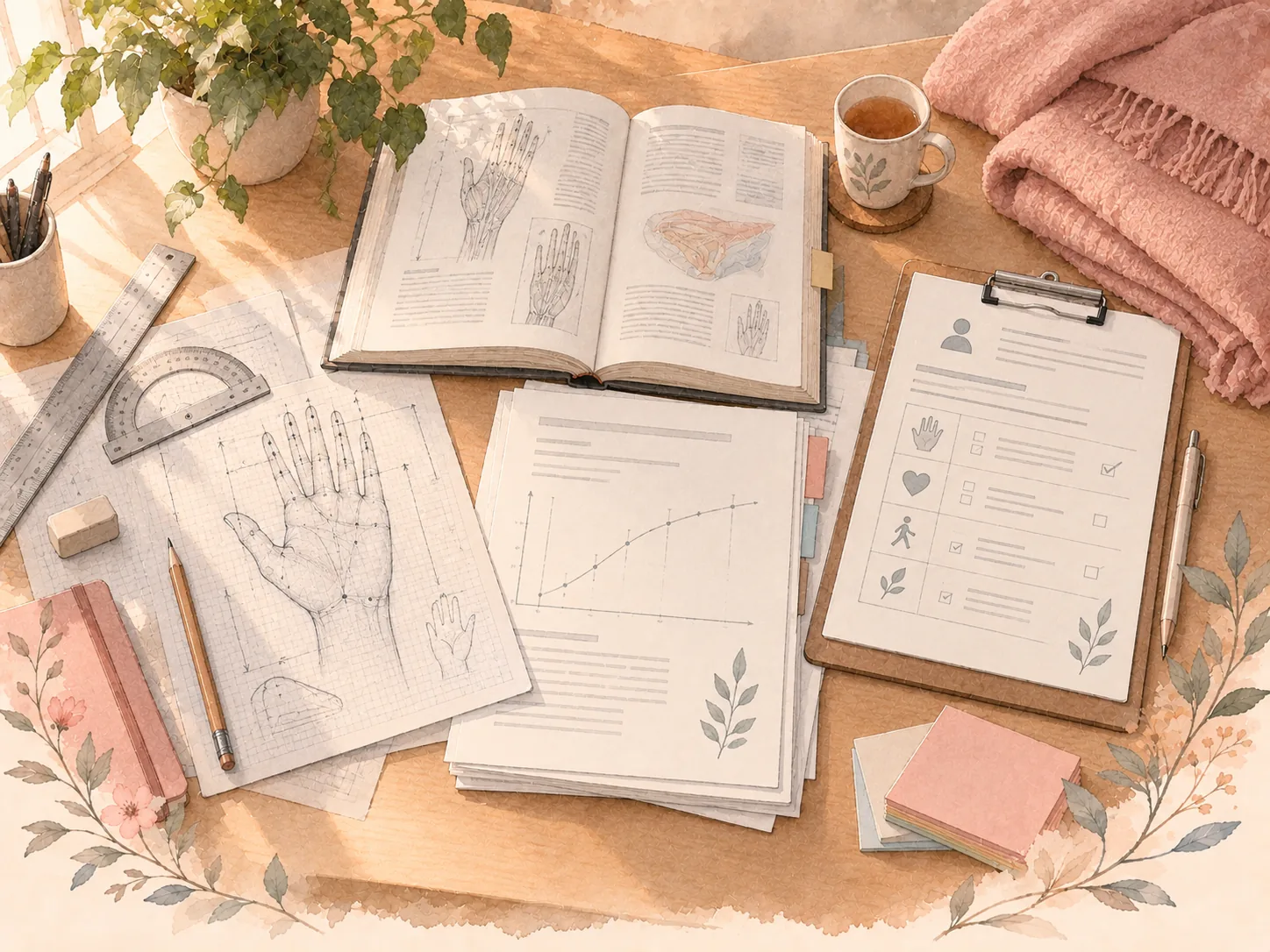 Ein Arbeitstisch, auf dem sich drei Welten überlagern: eine technische Handzeichnung mit Lineal und Winkelmesser, ein aufgeschlagenes anatomisches Fachbuch mit Diagrammblättern und ein Klemmbrett mit Anwendungsbogen neben einer weichen Decke.